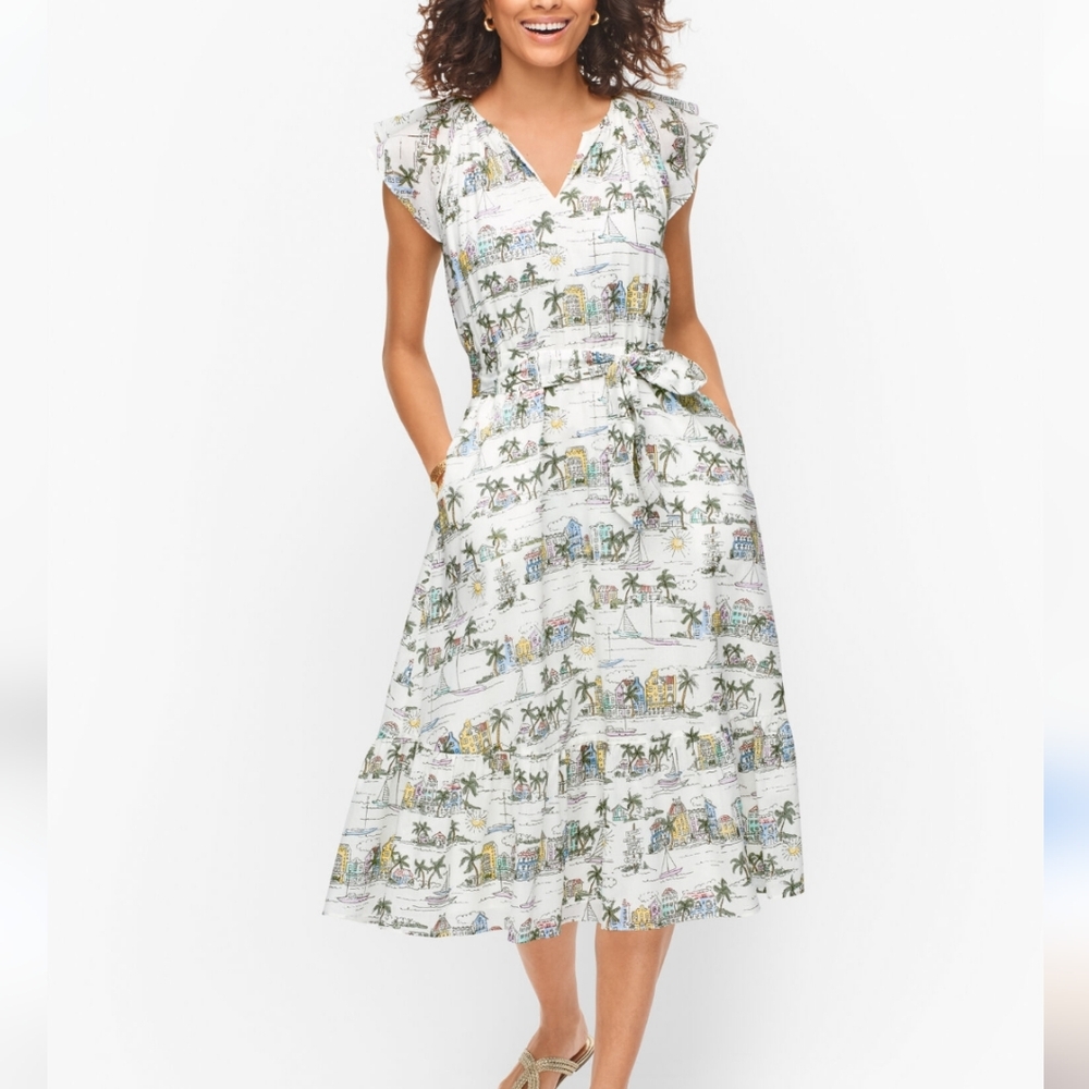 Talbots Tropical Print Vacation Dress Midi Tiered Dress Size 14